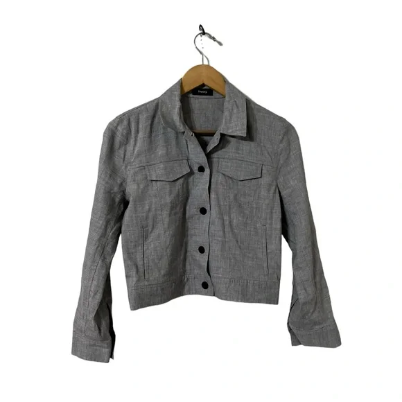 THEORY Melange Linen Eco Denim Sharkskin Gray Blazer Button Down Jacket Top